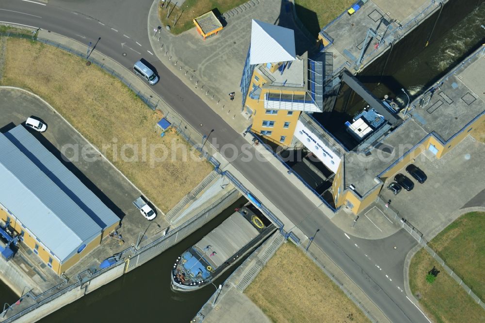 Magdeburg from above - New Boat lift and locks plants on the banks of the waterway of the Abstiegskanal Rothensee in Magdeburg in the state Saxony-Anhalt