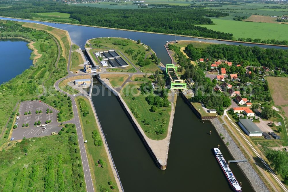 Magdeburg from above - New Boat lift and locks plants on the banks of the waterway of the Abstiegskanal Rothensee in Magdeburg in the state Saxony-Anhalt