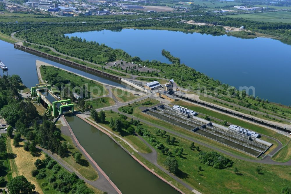 Magdeburg from above - New Boat lift and locks plants on the banks of the waterway of the Abstiegskanal Rothensee in Magdeburg in the state Saxony-Anhalt