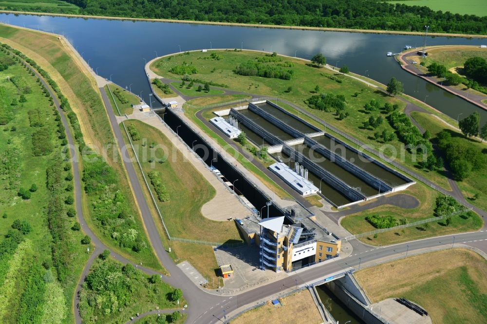 Magdeburg from above - New Boat lift and locks plants on the banks of the waterway of the Abstiegskanal Rothensee in Magdeburg in the state Saxony-Anhalt