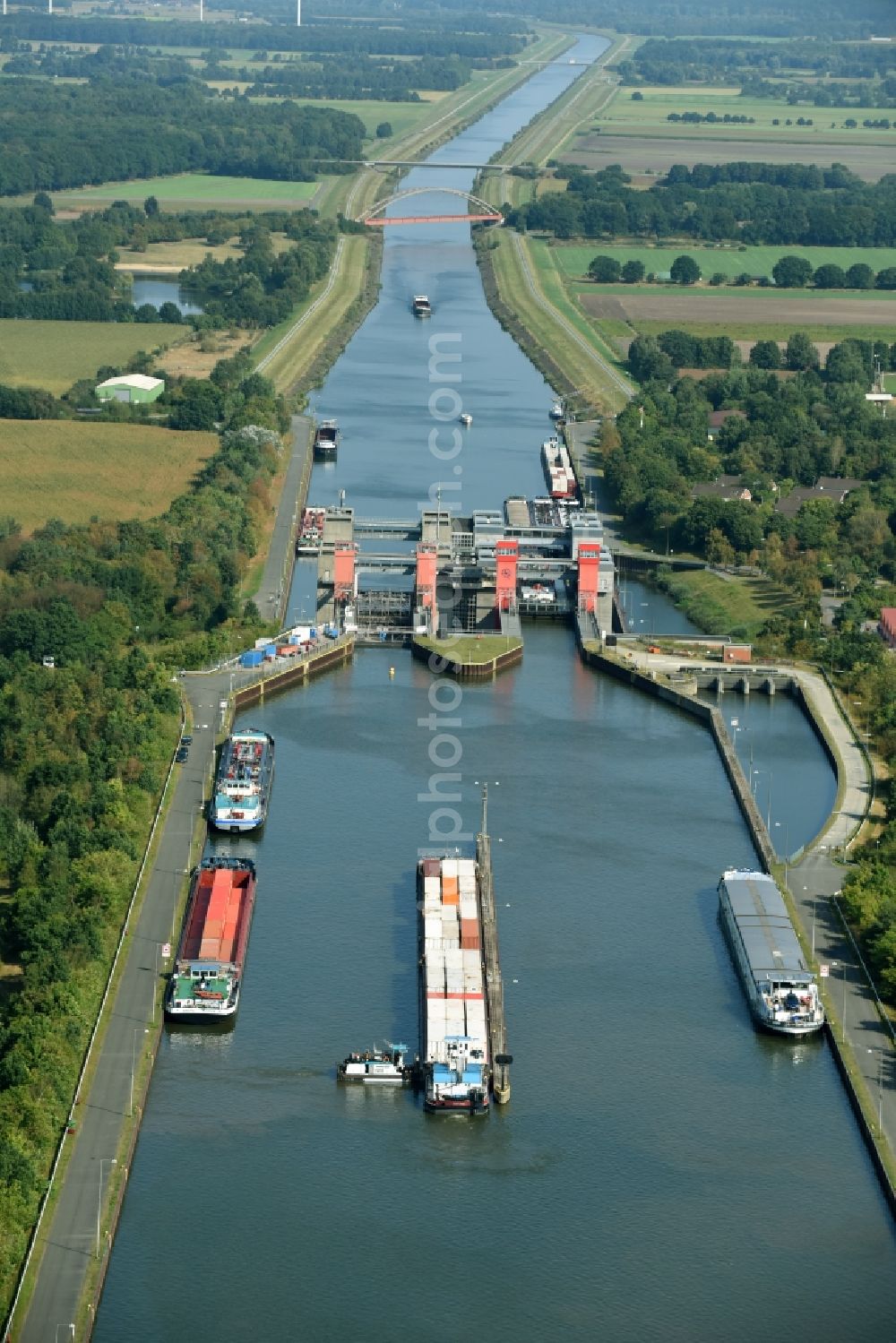 Scharnebeck from above - Boat lift and locks plants on the banks of the waterway of the Elbe-Seitenkanal in Scharnebeck in the state Lower Saxony, Germany