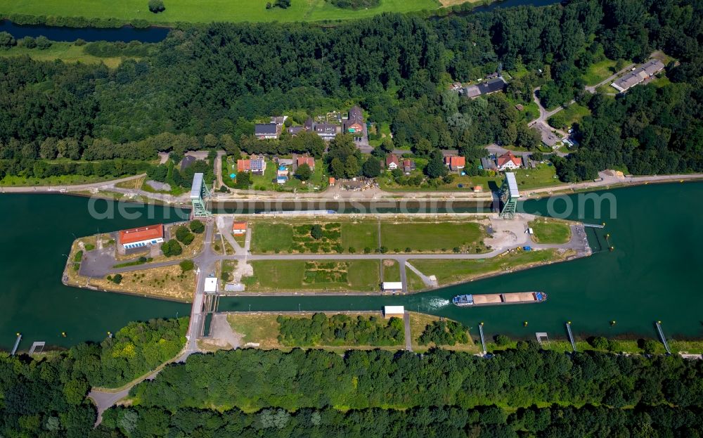 Aerial image Dorsten - Boat lift and locks plants on the banks of the waterway of the Lippe course in Dorsten in the state North Rhine-Westphalia