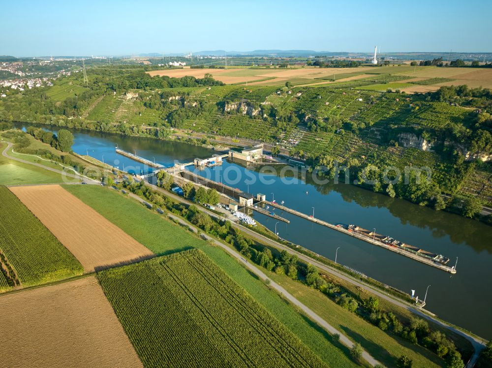 Neckarweihingen from above - Ship lift and lock facilities of the Poppenweiler lock on the bank of the Neckar waterway on the Otto-Konz-Weg road in Neckarweihingen in the state of Baden-Wuerttemberg, Germany