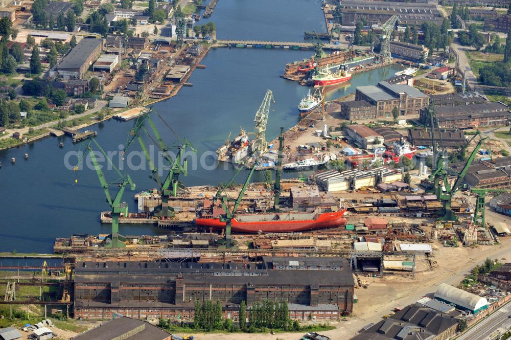 Aerial image Danzig / Gdansk - Neubau vom Schiff Syn Antares im Trockendock der Werft Danzig AG im Hafen von Danzig-Schellmühl / Gdansk-Mlyniska in Pommern / Pomorskie, Polen. Newbuilding of the ship Syn Antares at a dry dock of the Gdansk shipyard at the port of Gdansk-Mlyniska in the Pomeranian Voivodeship / Pomorskie, Poland.