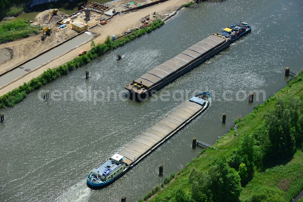 Aerial photograph Zerben - Ship traffic of convoys in the area of ??Zerben lock on the waterway of the Elbe-Havel Canal in the state of Saxony-Anhalt