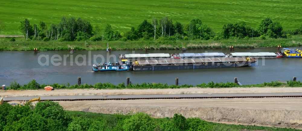 Zerben from the bird's eye view: Ship traffic of convoys in the area of ??Zerben lock on the waterway of the Elbe-Havel Canal in the state of Saxony-Anhalt