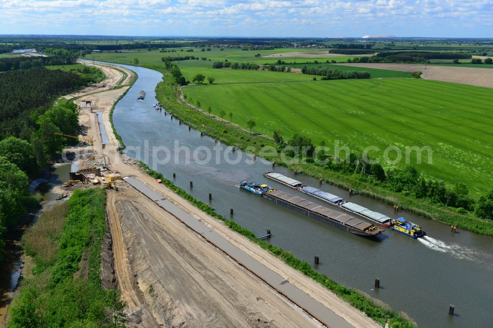 Aerial image Zerben - Ship traffic of convoys in the area of ??Zerben lock on the waterway of the Elbe-Havel Canal in the state of Saxony-Anhalt