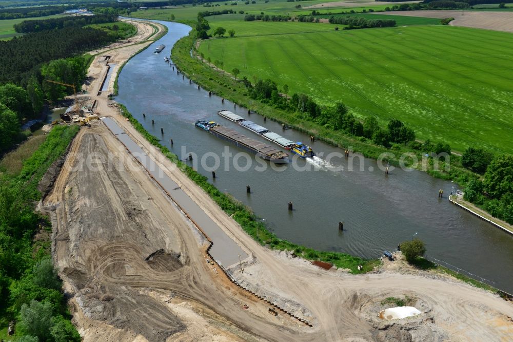 Aerial photograph Zerben - Ship traffic of convoys in the area of ??Zerben lock on the waterway of the Elbe-Havel Canal in the state of Saxony-Anhalt