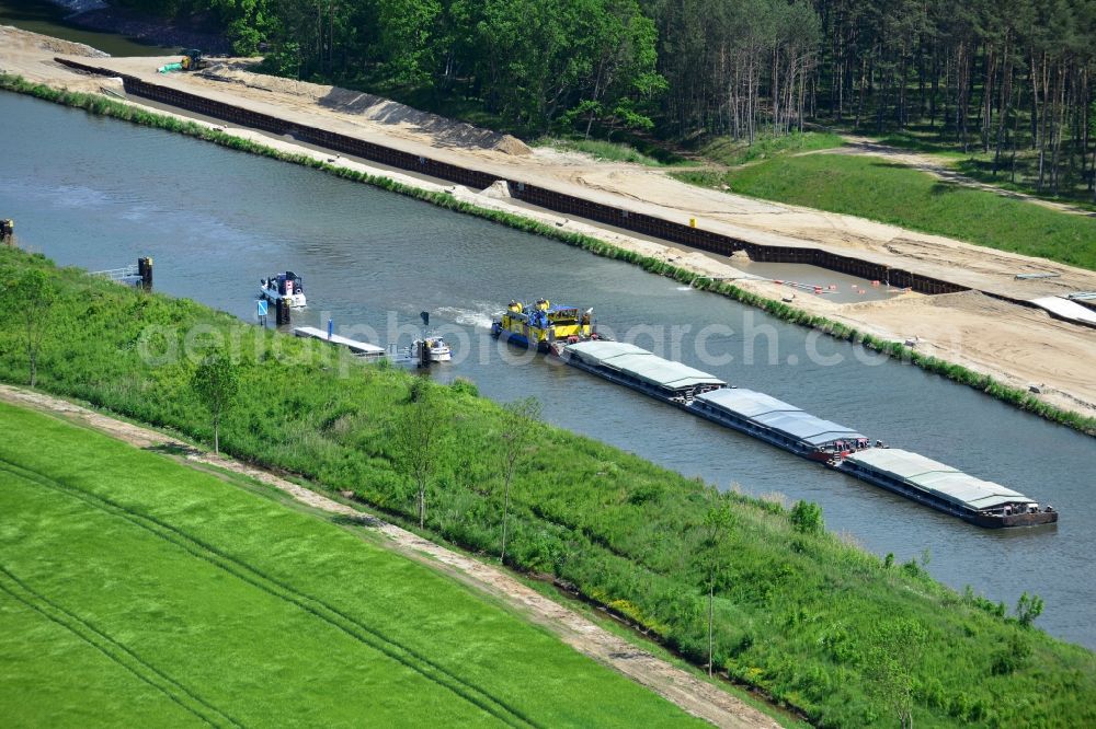 Zerben from above - Ship traffic of convoys in the area of ??Zerben lock on the waterway of the Elbe-Havel Canal in the state of Saxony-Anhalt