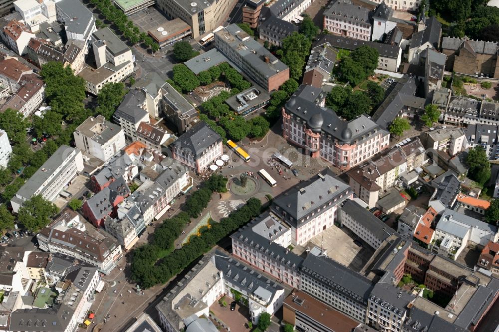 Mainz from above - Schiller Square and Osteiner Hof (Court) in downtown Mainz in the state of Rhineland-Palatinate. The Schillerplatz is one of the central and important squares in the city centre of Mainz. It was used as a medieval market square and is surrounded by several courts and mansions of the Baroque-era. Osteiner Hof is located on the South end of the square and dominates the image of the square