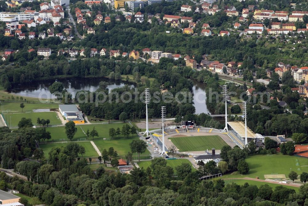 Jena from above - Schleichersee and Ernst-Abbe-sports field / stadium at Oberaue in Jena in Thuringia