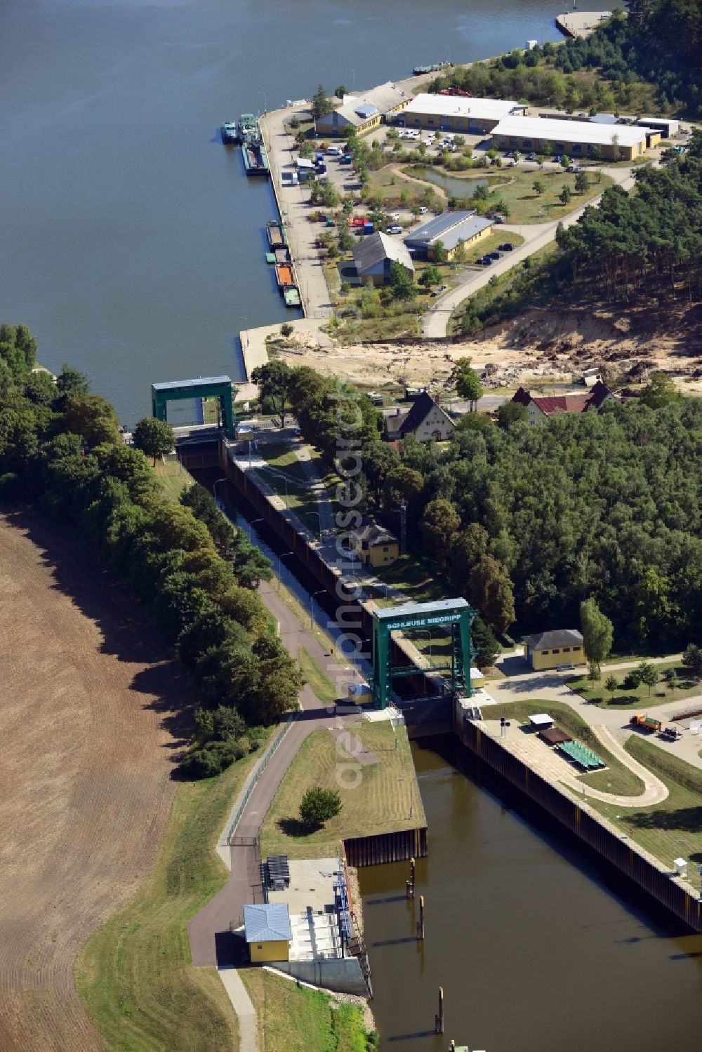 Aerial image Niegripp - Niegripp lock in the connection canel between the river Elbe and the Elbe-Havel-Canel in the state Saxony-Anhalt