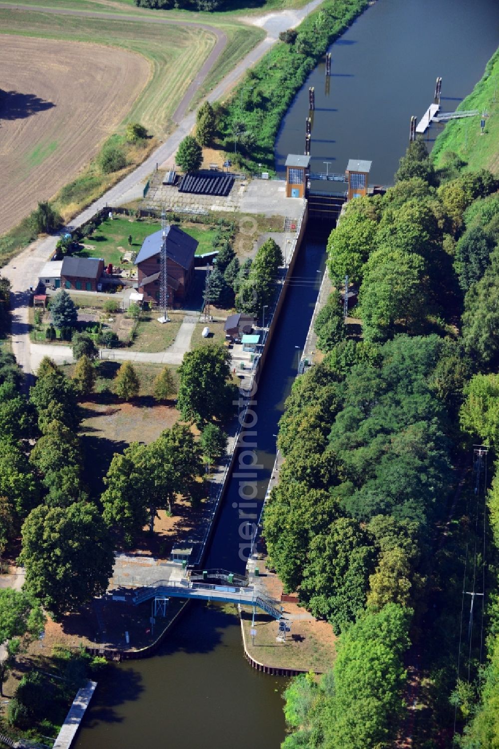 Aerial image Parey - Parey lock in the connection canel between the river Elbe and the Elbe-Havel-Canel in the state Saxony-Anhalt