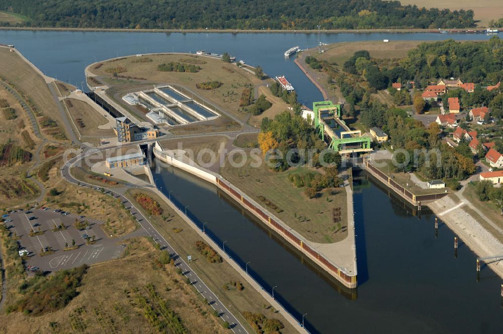 Aerial image Rothensee - Die Sparschleuse Rothensee gehört zum Wasserstraßenkreuz Magdeburg, dass als Bestandteil der Verkehrsprojekte Deutsche Einheit Nr. 17 den Ausbau der Wasserstraßenverbindung Hannover- Magdeburg-Berlin beinhaltet. Die Schleuse Rothensee verbindet den Mittellandkanal mit den Magdeburger Häfen und der Elbe. Ein Projekt des WSV: Wasserstraßen-Neubauamt Magdeburg, 39106 Magdeburg, Tel. +49(0)391 535-0, email: wna-magdeburg@wsv.bund.de