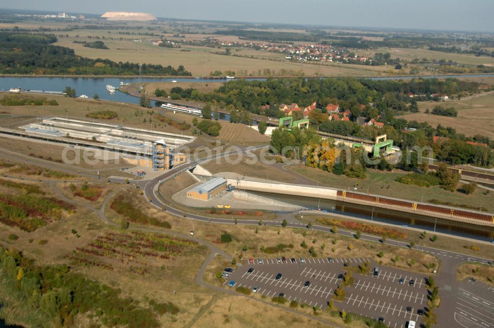 Aerial image Rothensee - Die Sparschleuse Rothensee gehört zum Wasserstraßenkreuz Magdeburg, dass als Bestandteil der Verkehrsprojekte Deutsche Einheit Nr. 17 den Ausbau der Wasserstraßenverbindung Hannover- Magdeburg-Berlin beinhaltet. Die Schleuse Rothensee verbindet den Mittellandkanal mit den Magdeburger Häfen und der Elbe. Ein Projekt des WSV: Wasserstraßen-Neubauamt Magdeburg, 39106 Magdeburg, Tel. +49(0)391 535-0, email: wna-magdeburg@wsv.bund.de