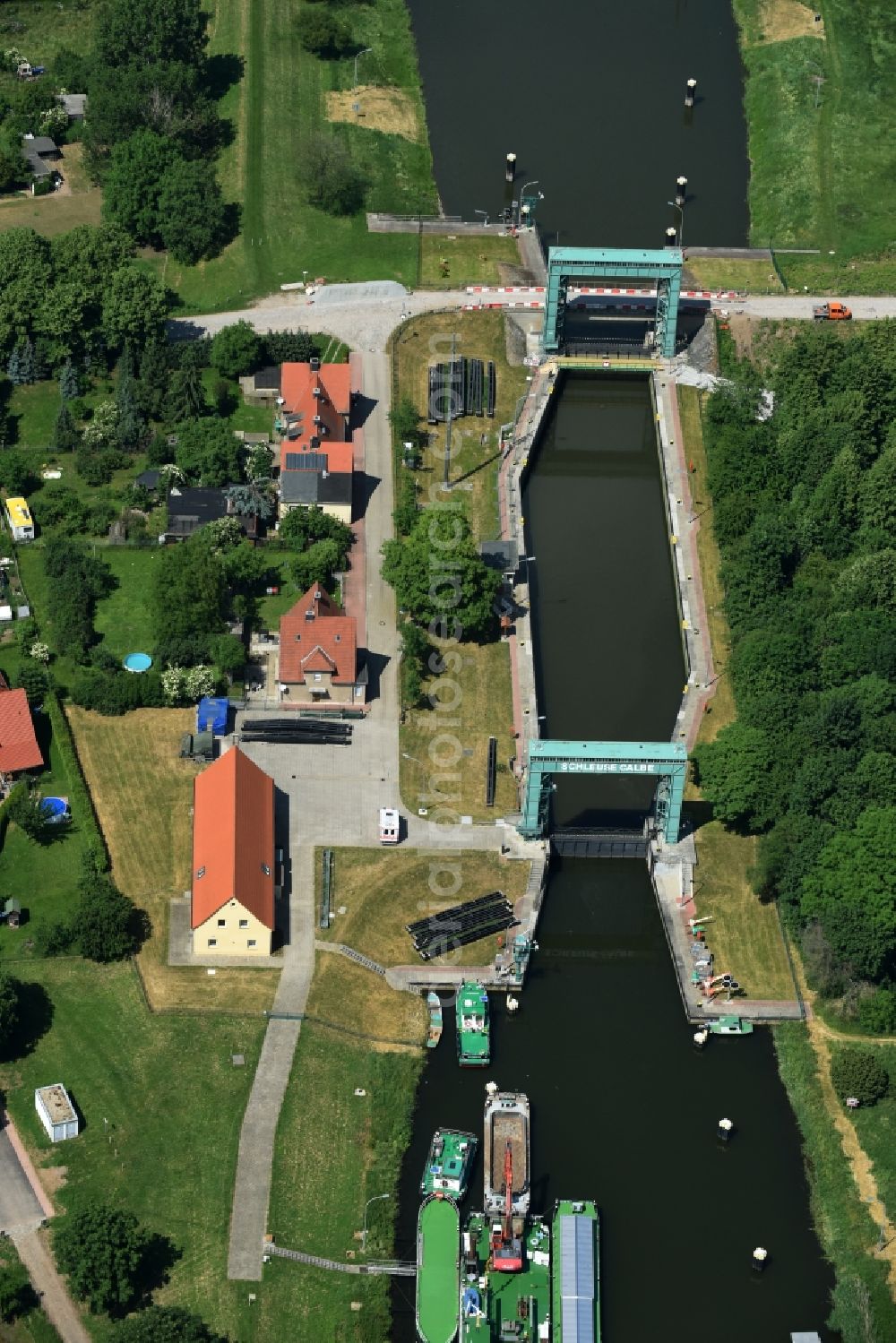 Calbe (Saale) from above - Sluice with bridge at the riverside of the Saale in Calbe (Saale) in the state Saxony-Anhalt