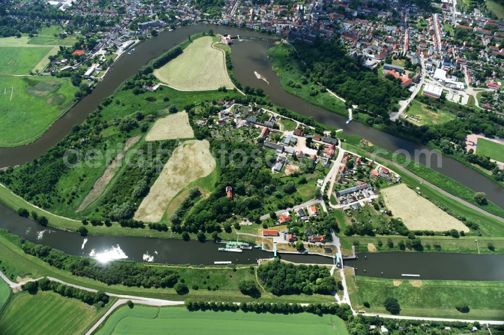 Calbe (Saale) from above - Sluice with bridge at the riverside of the Saale in Calbe (Saale) in the state Saxony-Anhalt