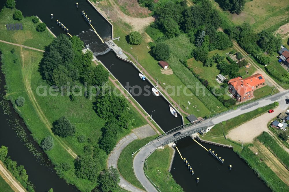 Lübeck from above - Lock with sluice bridge Buessau at the riverside of the Elbe-Luebeck-Canal in Luebeck in the state Schleswig-Holstein