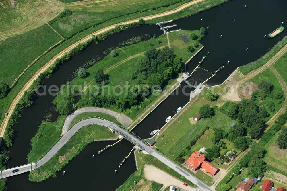 Aerial image Lübeck - Lock with sluice bridge Buessau at the riverside of the Elbe-Luebeck-Canal in Luebeck in the state Schleswig-Holstein