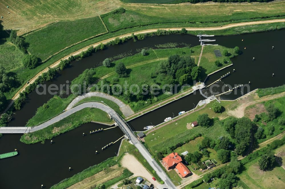 Lübeck from above - Lock with sluice bridge Buessau at the riverside of the Elbe-Luebeck-Canal in Luebeck in the state Schleswig-Holstein