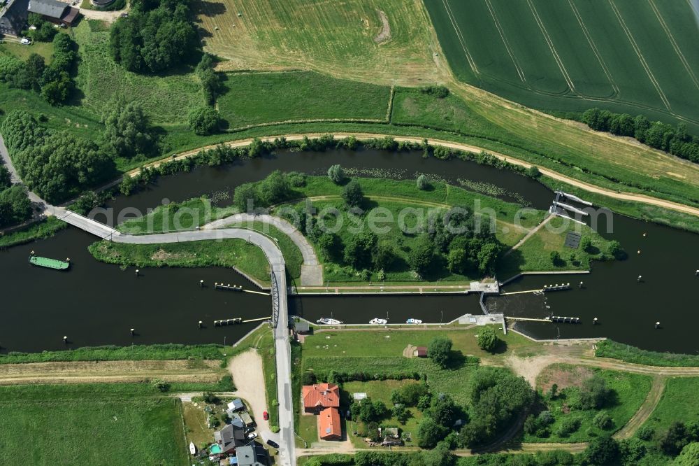 Aerial image Lübeck - Lock with sluice bridge Buessau at the riverside of the Elbe-Luebeck-Canal in Luebeck in the state Schleswig-Holstein