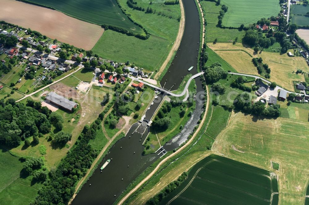 Aerial image Lübeck - Lock with sluice bridge Buessau at the riverside of the Elbe-Luebeck-Canal in Luebeck in the state Schleswig-Holstein