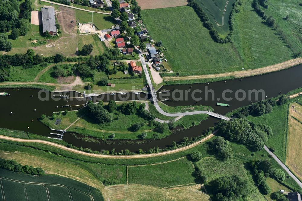 Lübeck from above - Lock with sluice bridge Buessau at the riverside of the Elbe-Luebeck-Canal in Luebeck in the state Schleswig-Holstein