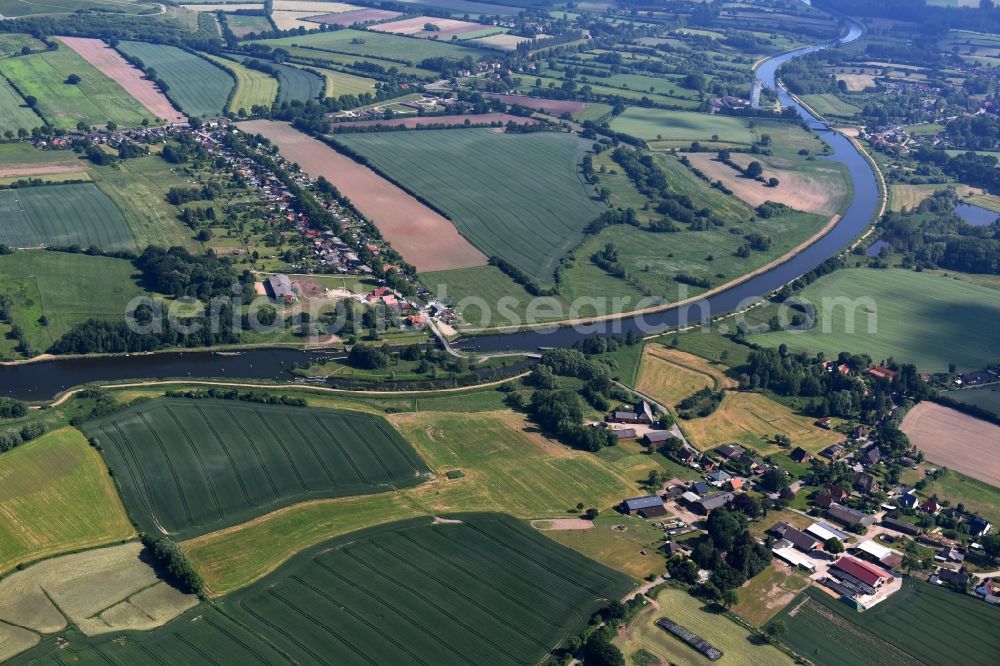 Aerial image Lübeck - Lock with sluice bridge Buessau at the riverside of the Elbe-Luebeck-Canal in Luebeck in the state Schleswig-Holstein