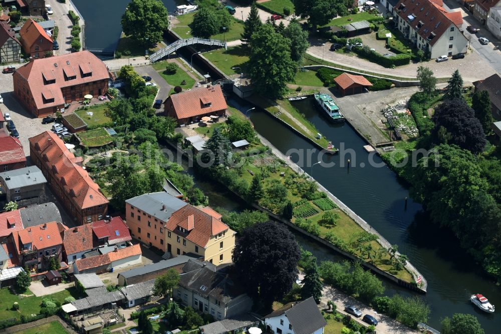 Plau am See from above - Schleuse mit Wehr at the river Elde in Plau am See in the state Mecklenburg - Western Pomerania