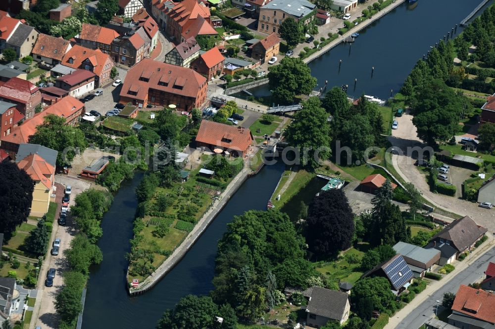 Plau am See from above - Schleuse mit Wehr at the river Elde in Plau am See in the state Mecklenburg - Western Pomerania