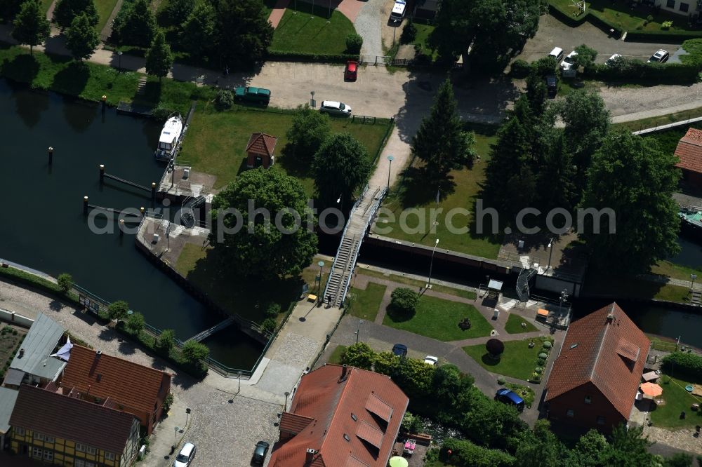 Plau am See from above - Schleuse mit Wehr at the river Elde in Plau am See in the state Mecklenburg - Western Pomerania