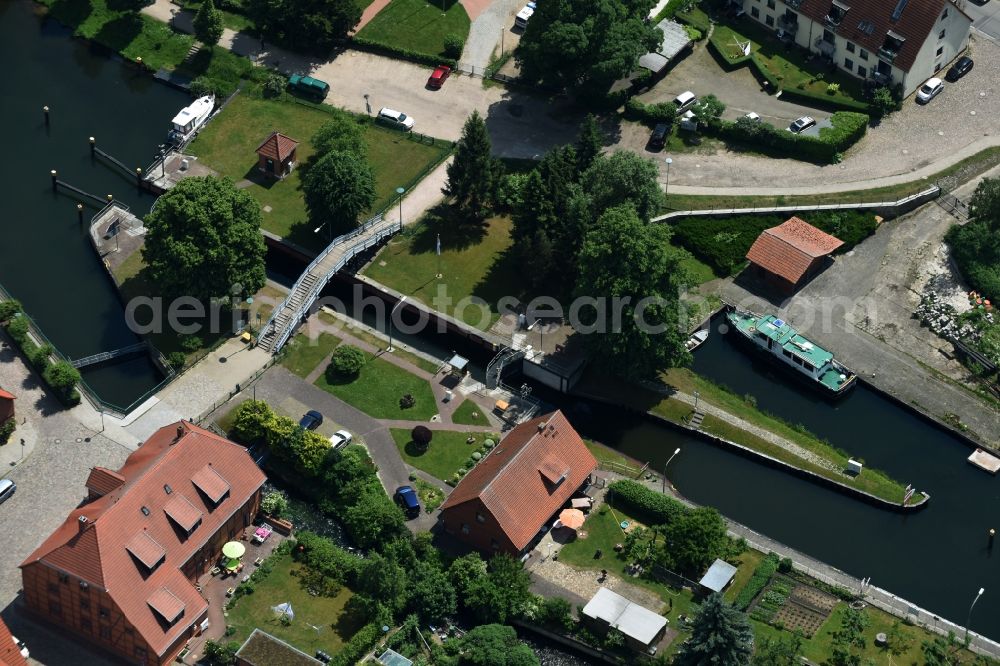 Aerial image Plau am See - Schleuse mit Wehr at the river Elde in Plau am See in the state Mecklenburg - Western Pomerania