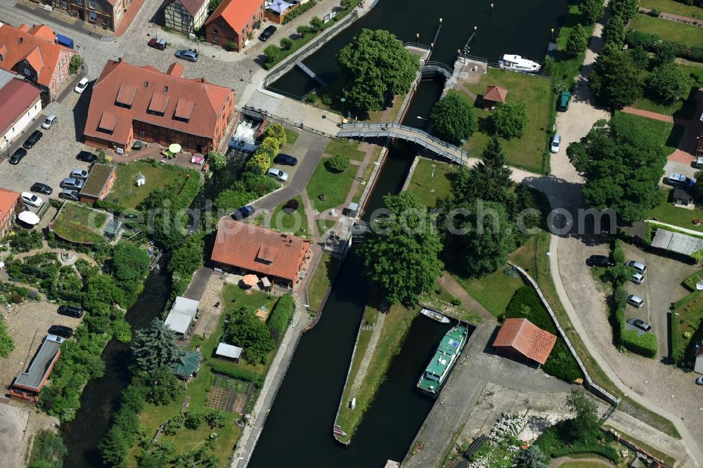 Plau am See from above - Schleuse mit Wehr at the river Elde in Plau am See in the state Mecklenburg - Western Pomerania