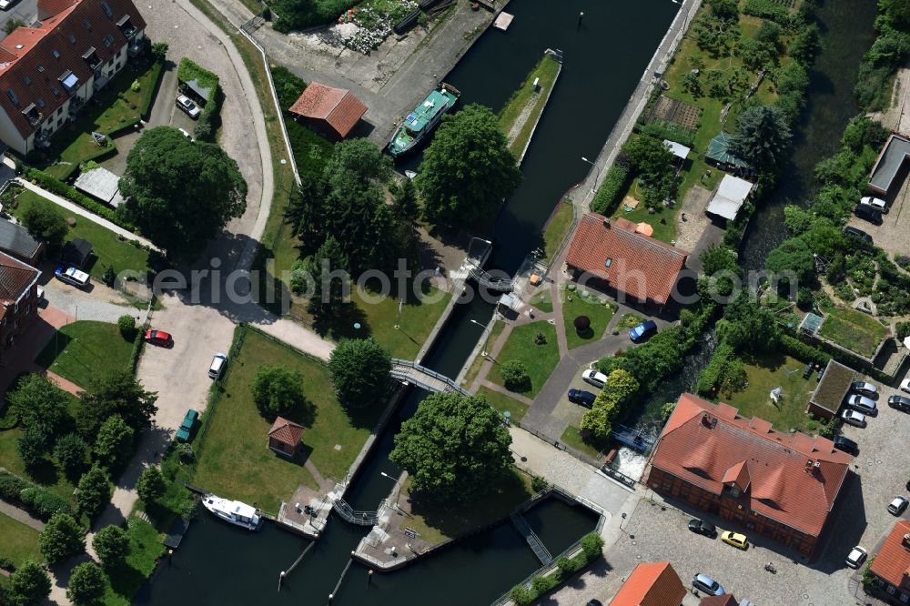 Plau am See from above - Schleuse mit Wehr at the river Elde in Plau am See in the state Mecklenburg - Western Pomerania