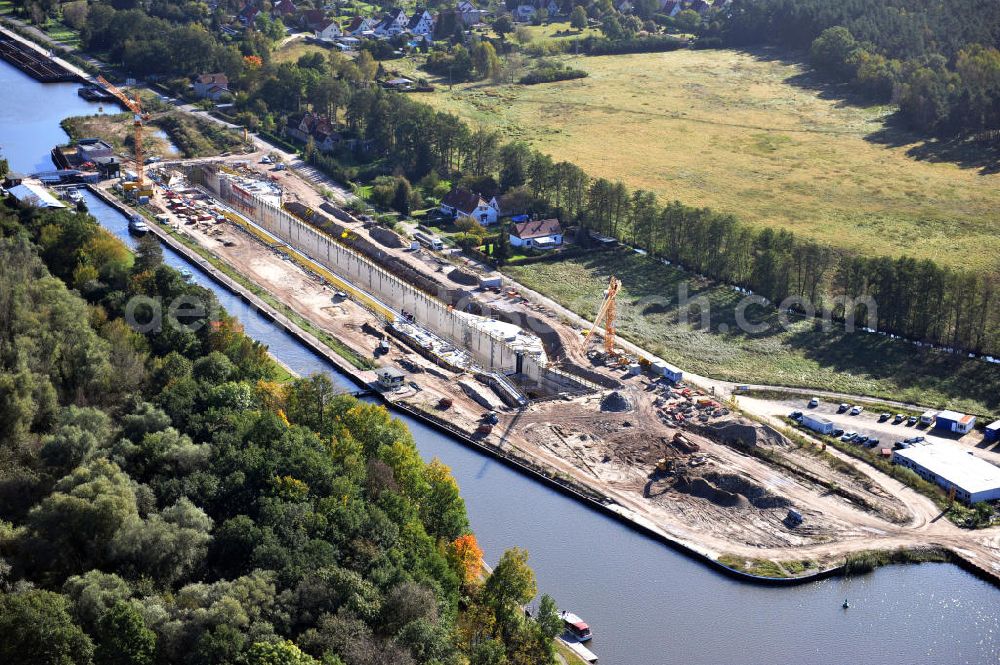 Wusterwitz from the bird's eye view: Blick auf die Erweiterungsbaustelle der Schleuse Wusterwitz am Elbe-Havel-Kanal. Ein Projekt des WSV, Wasser- und Schifffahrtsverwaltung des Bundes. View of the construction site of the expansion lock Wusterwitz.