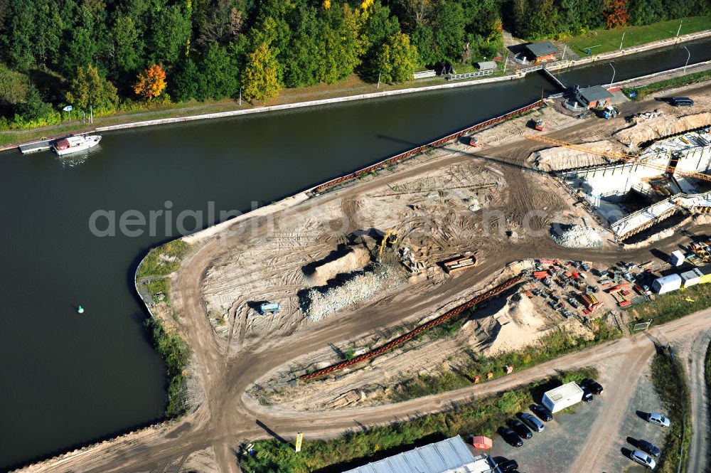 Aerial photograph Wusterwitz - Blick auf die Erweiterungsbaustelle der Schleuse Wusterwitz am Elbe-Havel-Kanal. Ein Projekt des WSV, Wasser- und Schifffahrtsverwaltung des Bundes. View of the construction site of the expansion lock Wusterwitz.