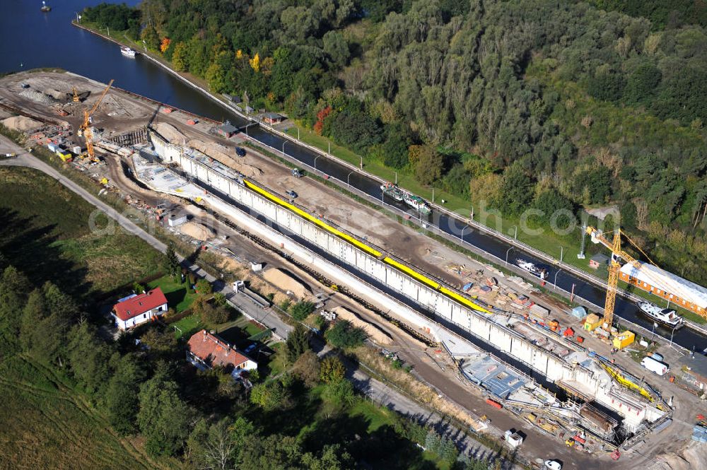 Wusterwitz from above - Blick auf die Erweiterungsbaustelle der Schleuse Wusterwitz am Elbe-Havel-Kanal. Ein Projekt des WSV, Wasser- und Schifffahrtsverwaltung des Bundes. View of the construction site of the expansion lock Wusterwitz.