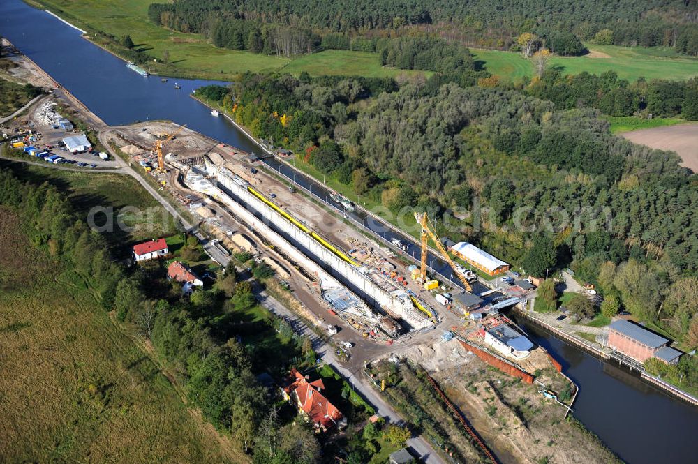 Wusterwitz from the bird's eye view: Blick auf die Erweiterungsbaustelle der Schleuse Wusterwitz am Elbe-Havel-Kanal. Ein Projekt des WSV, Wasser- und Schifffahrtsverwaltung des Bundes. View of the construction site of the expansion lock Wusterwitz.