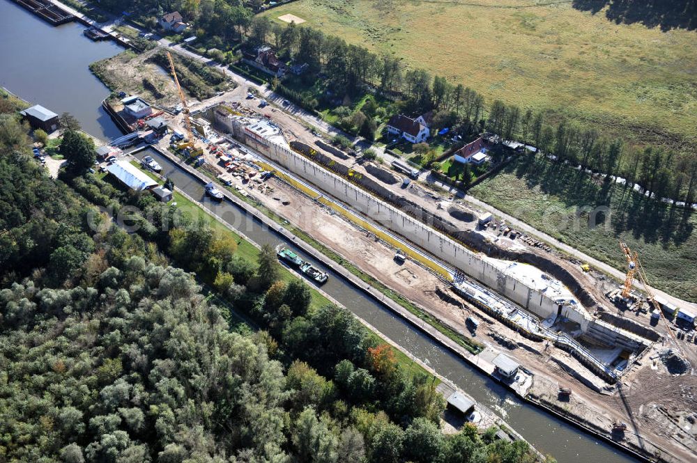 Wusterwitz from the bird's eye view: Blick auf die Erweiterungsbaustelle der Schleuse Wusterwitz am Elbe-Havel-Kanal. Ein Projekt des WSV, Wasser- und Schifffahrtsverwaltung des Bundes. View of the construction site of the expansion lock Wusterwitz.