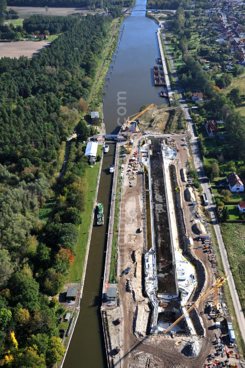 Aerial image Wusterwitz - Blick auf die Erweiterungsbaustelle der Schleuse Wusterwitz am Elbe-Havel-Kanal. Ein Projekt des WSV, Wasser- und Schifffahrtsverwaltung des Bundes. View of the construction site of the expansion lock Wusterwitz.