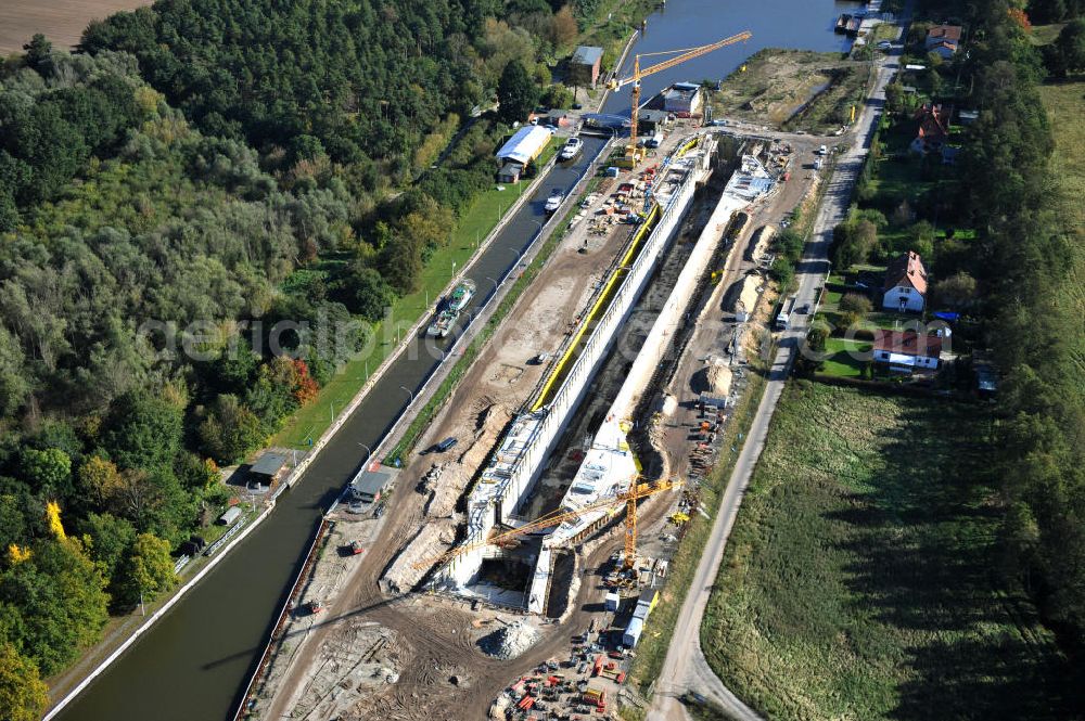 Aerial photograph Wusterwitz - Blick auf die Erweiterungsbaustelle der Schleuse Wusterwitz am Elbe-Havel-Kanal. Ein Projekt des WSV, Wasser- und Schifffahrtsverwaltung des Bundes. View of the construction site of the expansion lock Wusterwitz.