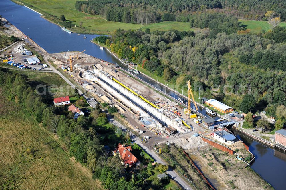 Wusterwitz from above - Blick auf die Erweiterungsbaustelle der Schleuse Wusterwitz am Elbe-Havel-Kanal. Ein Projekt des WSV, Wasser- und Schifffahrtsverwaltung des Bundes. View of the construction site of the expansion lock Wusterwitz.