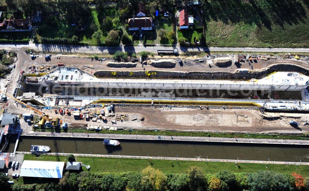 Aerial photograph Wusterwitz - Blick auf die Erweiterungsbaustelle der Schleuse Wusterwitz am Elbe-Havel-Kanal. Ein Projekt des WSV, Wasser- und Schifffahrtsverwaltung des Bundes. View of the construction site of the expansion lock Wusterwitz.