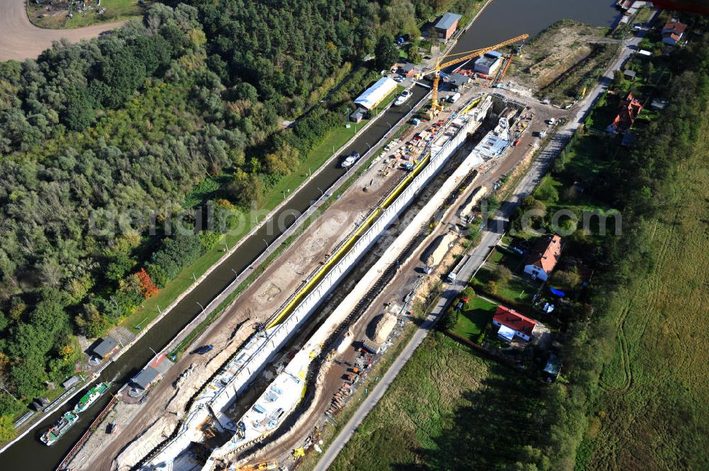 Wusterwitz from above - Blick auf die Erweiterungsbaustelle der Schleuse Wusterwitz am Elbe-Havel-Kanal. Ein Projekt des WSV, Wasser- und Schifffahrtsverwaltung des Bundes. View of the construction site of the expansion lock Wusterwitz.