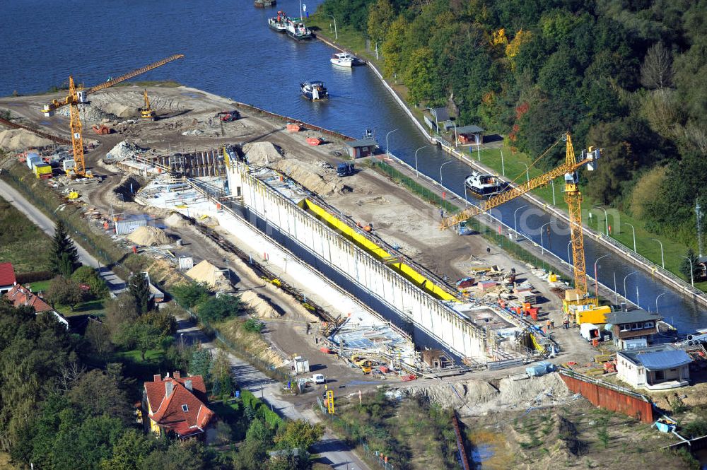 Wusterwitz from the bird's eye view: Blick auf die Erweiterungsbaustelle der Schleuse Wusterwitz am Elbe-Havel-Kanal. Ein Projekt des WSV, Wasser- und Schifffahrtsverwaltung des Bundes. View of the construction site of the expansion lock Wusterwitz.