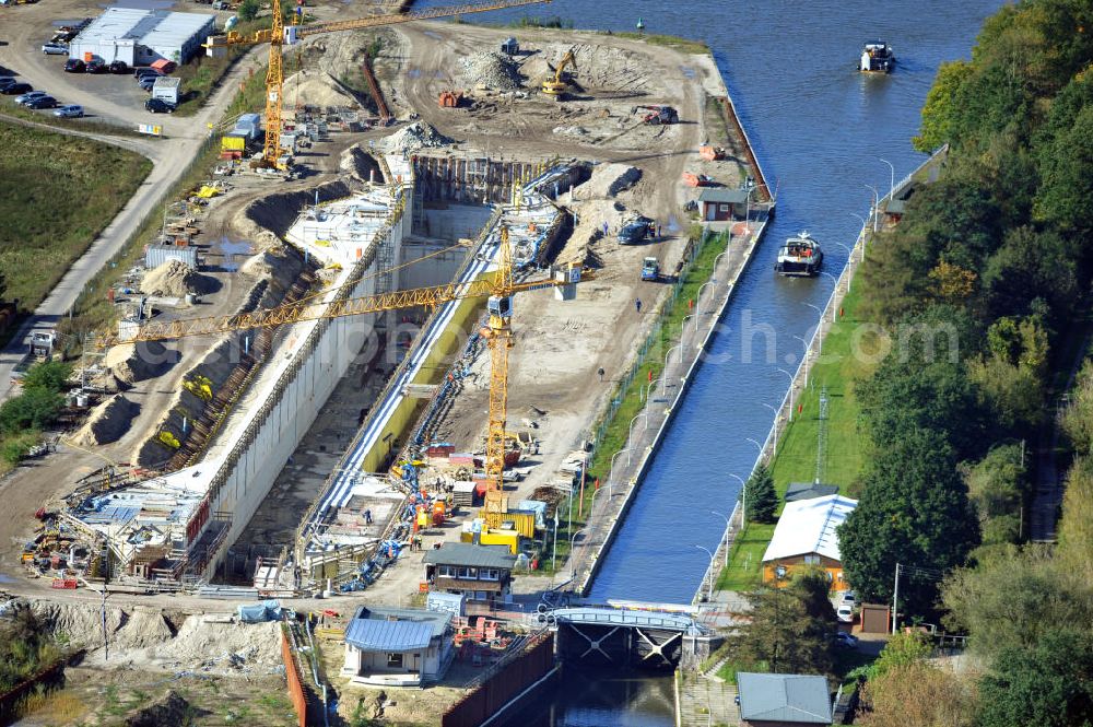 Wusterwitz from above - Blick auf die Erweiterungsbaustelle der Schleuse Wusterwitz am Elbe-Havel-Kanal. Ein Projekt des WSV, Wasser- und Schifffahrtsverwaltung des Bundes. View of the construction site of the expansion lock Wusterwitz.