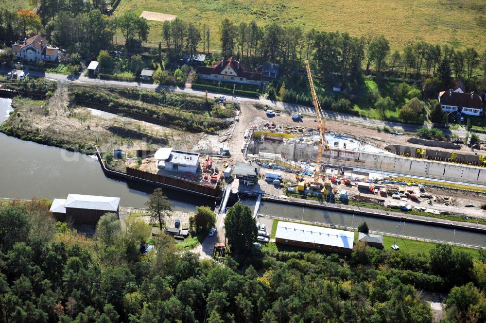 Wusterwitz from the bird's eye view: Blick auf die Erweiterungsbaustelle der Schleuse Wusterwitz am Elbe-Havel-Kanal. Ein Projekt des WSV, Wasser- und Schifffahrtsverwaltung des Bundes. View of the construction site of the expansion lock Wusterwitz.