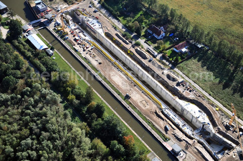 Aerial image Wusterwitz - Blick auf die Erweiterungsbaustelle der Schleuse Wusterwitz am Elbe-Havel-Kanal. Ein Projekt des WSV, Wasser- und Schifffahrtsverwaltung des Bundes. View of the construction site of the expansion lock Wusterwitz.