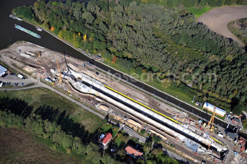 Wusterwitz from above - Blick auf die Erweiterungsbaustelle der Schleuse Wusterwitz am Elbe-Havel-Kanal. Ein Projekt des WSV, Wasser- und Schifffahrtsverwaltung des Bundes. View of the construction site of the expansion lock Wusterwitz.