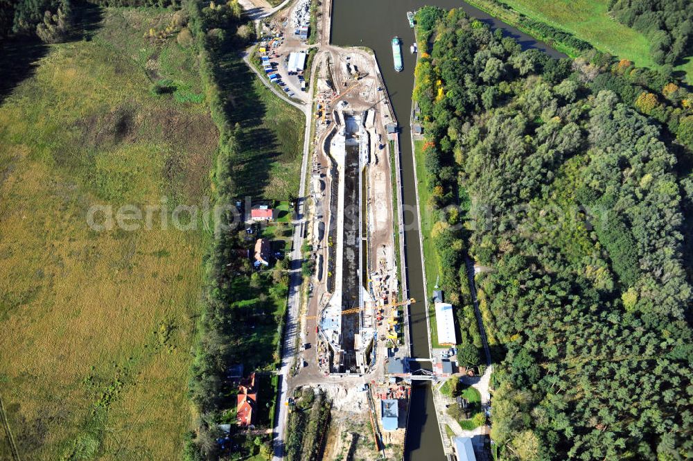 Wusterwitz from the bird's eye view: Blick auf die Erweiterungsbaustelle der Schleuse Wusterwitz am Elbe-Havel-Kanal. Ein Projekt des WSV, Wasser- und Schifffahrtsverwaltung des Bundes. View of the construction site of the expansion lock Wusterwitz.